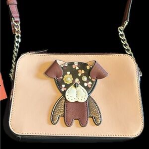 Elegant PinkFront & Burgundy back Leather Puppy Crossbody Bag So Cute New W Tag